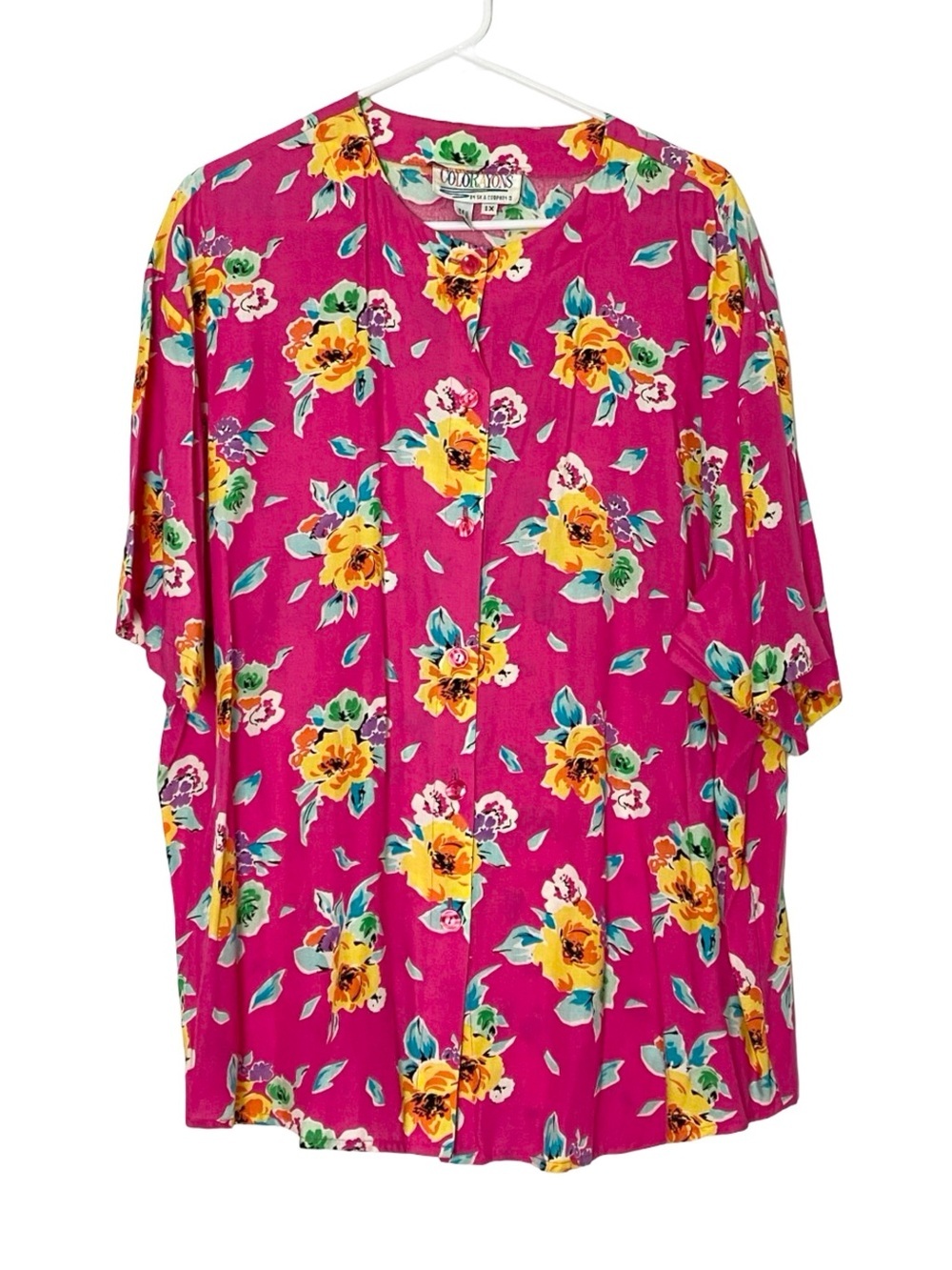 Vintage Floral Top Womens Plus Size 1X Pink Yellow Flower Tunic Shirt Rayon SS